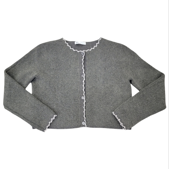 Zara Scalloped Trim Knit Cropped Cardigan Preppy Cozy Neutral Ballet-core Large - Picture 3 of 17